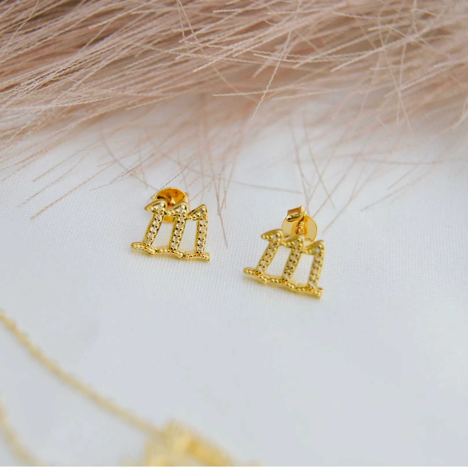 111 Angel Number Manifestation Stud Earrings, White Topaz, Rose Gold