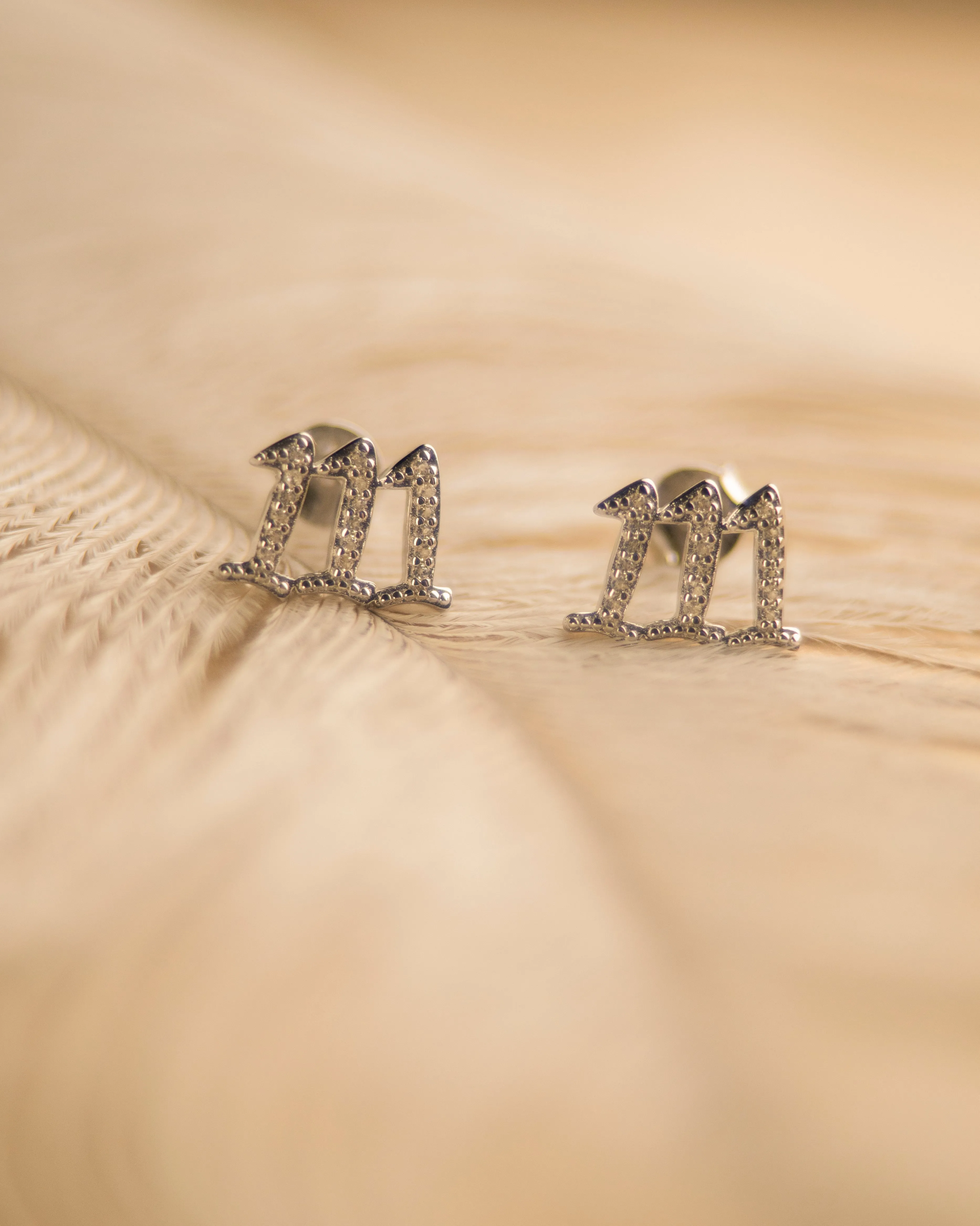111 Angel Number Manifestation Stud Earrings, White Topaz, Rose Gold