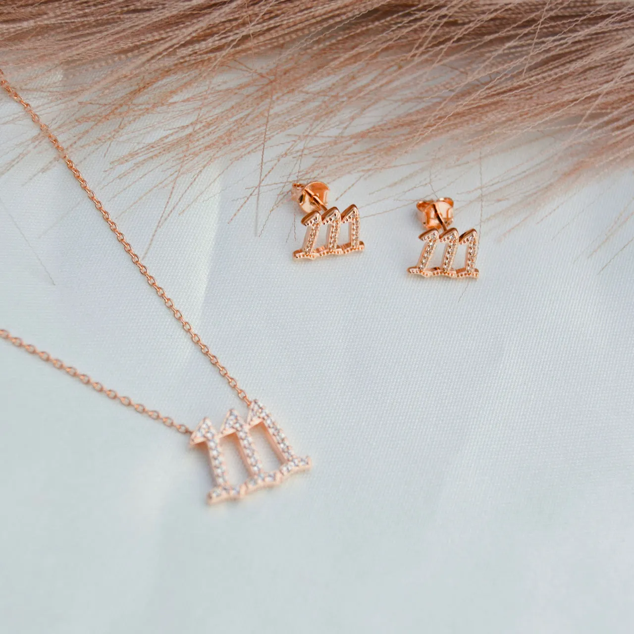 111 Angel Number Manifestation Stud Earrings, White Topaz, Rose Gold