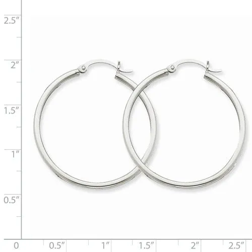 14 Karat White Gold 2mm 1 3/8 inch Hoop Earrings