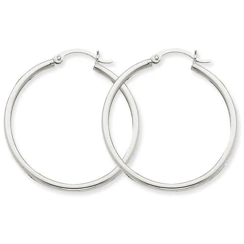14 Karat White Gold 2mm 1 3/8 inch Hoop Earrings