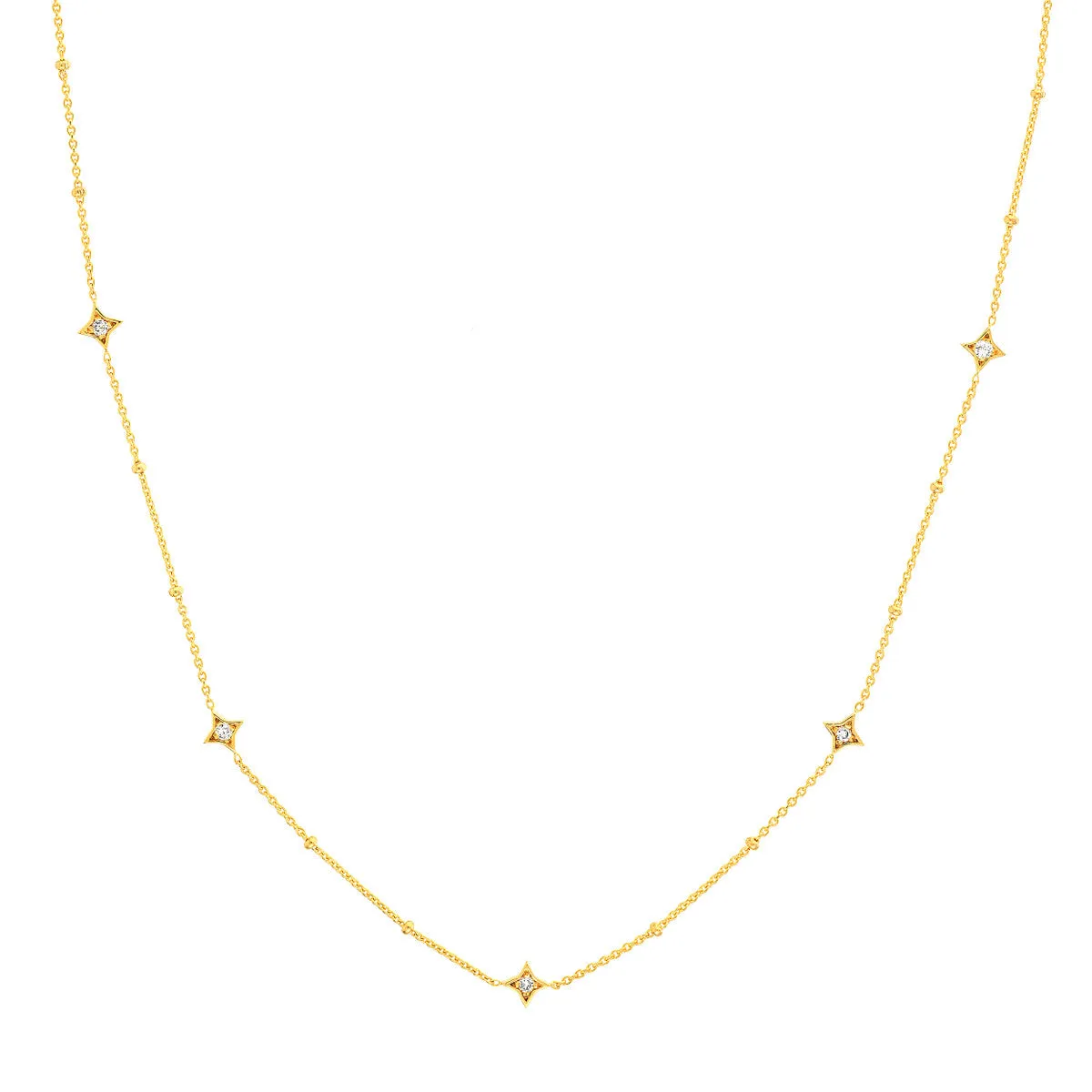 14k Gold Star Set Diamond Station Necklace