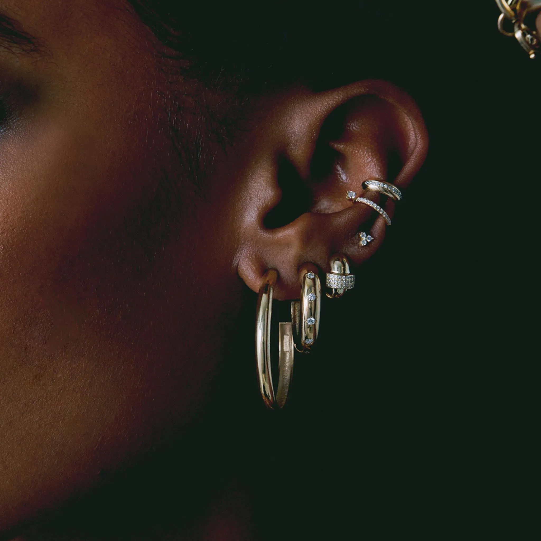14k Medium Wide Chubby Hoops with 6 Star Set Diamonds