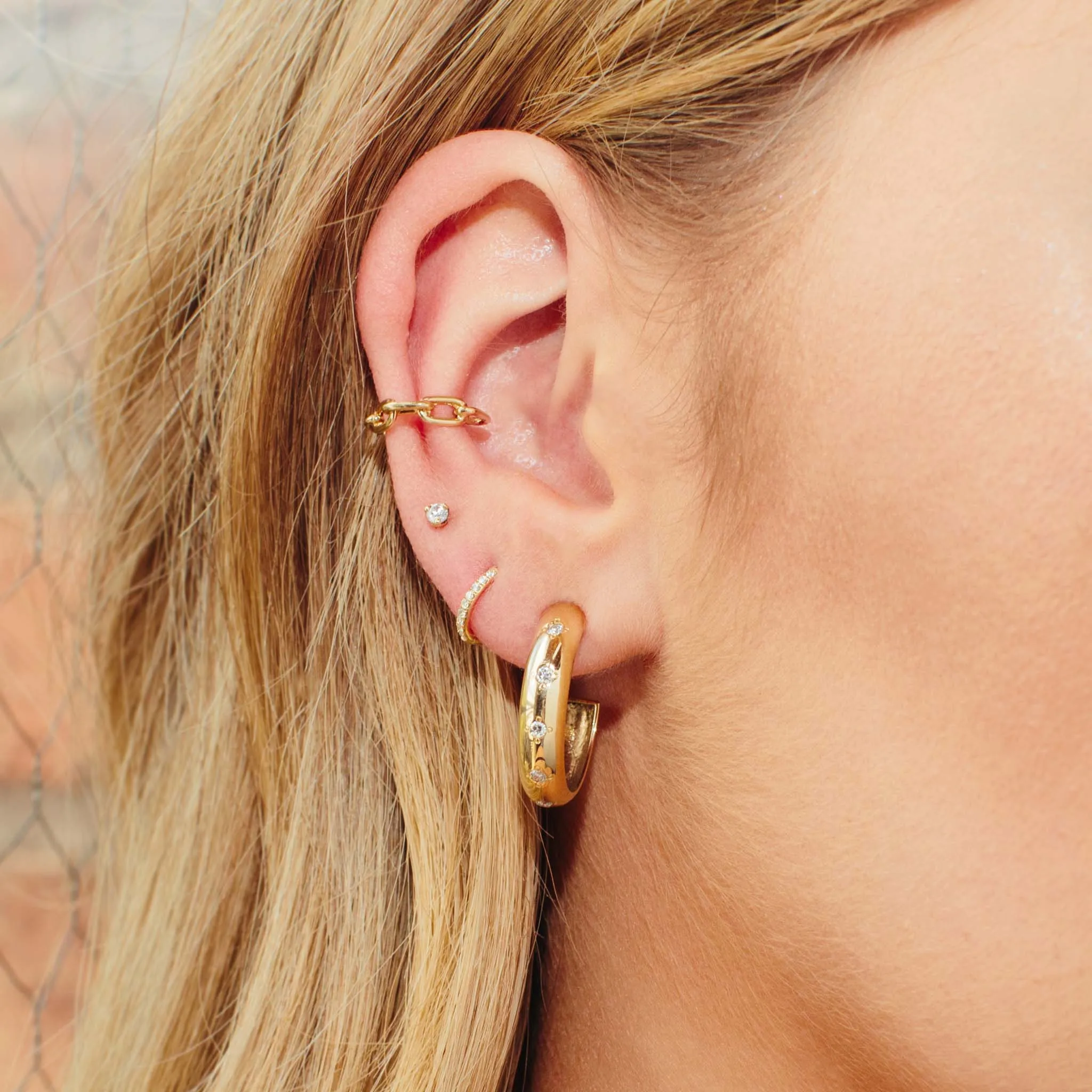 14k Medium Wide Chubby Hoops with 6 Star Set Diamonds