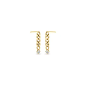 14k Prong Diamond Small Curb Chain Drop Earrings