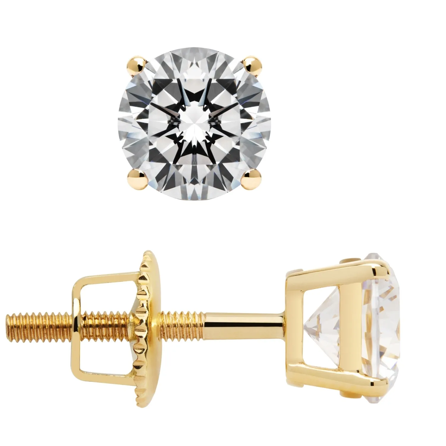 14K Solid Yellow Gold Stud Earrings | Round Cut Cubic Zirconia | Screw Back Posts | 1.50 CTW