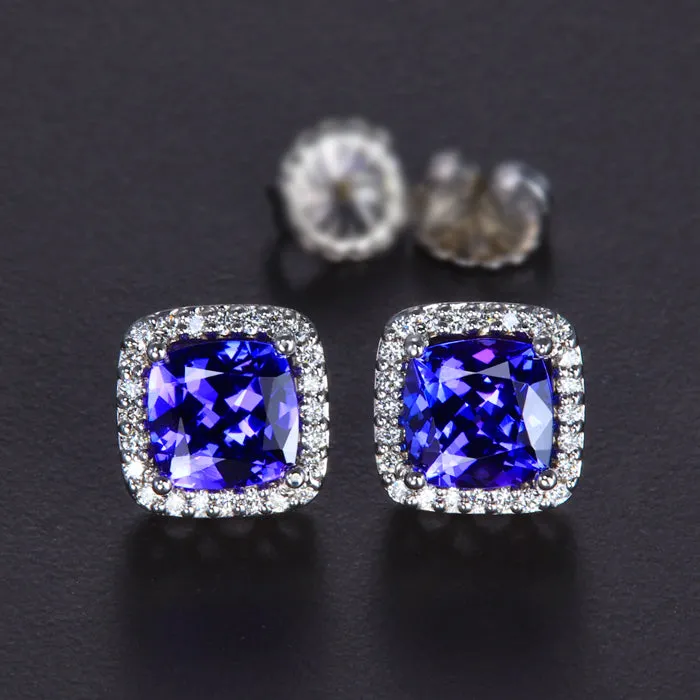 14K White Gold Tanzanite and Diamond Halo Earrings 3.84 Carats*
