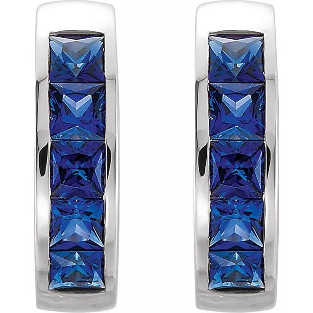 14K White Lab-Created Blue Sapphire Hoop Earrings