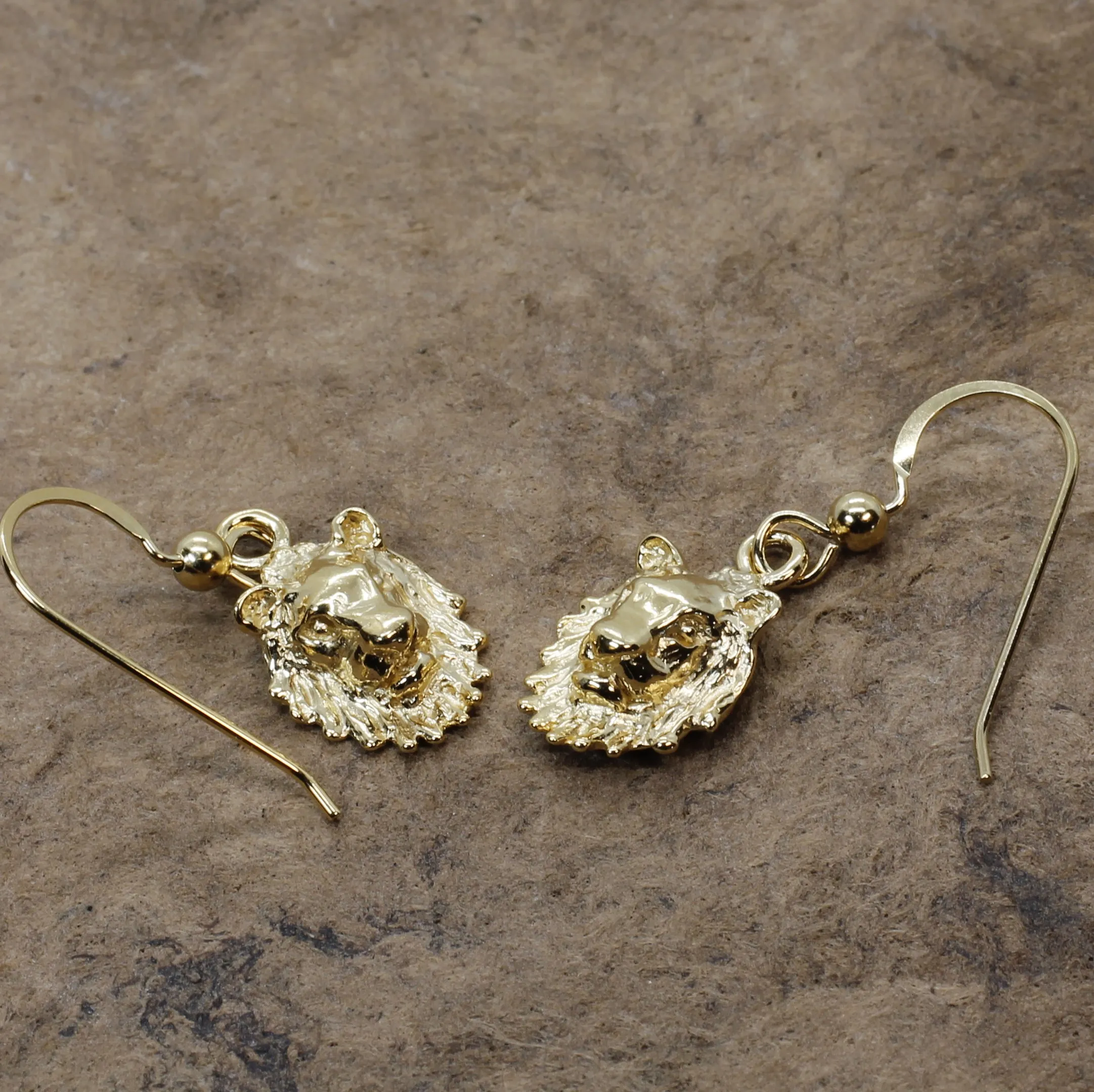 14kt Gold Vermail Lion Heads Dangle Earrings Facing Forward