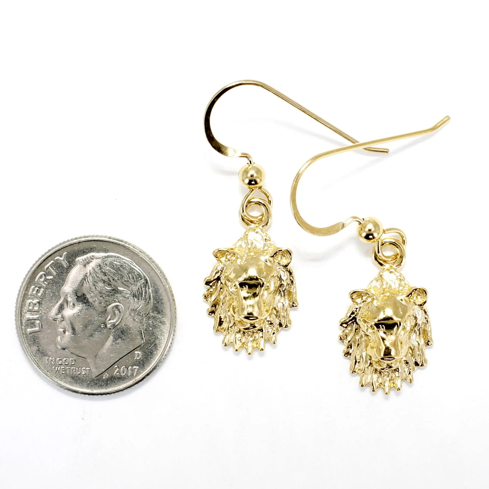 14kt Gold Vermail Lion Heads Dangle Earrings Facing Forward