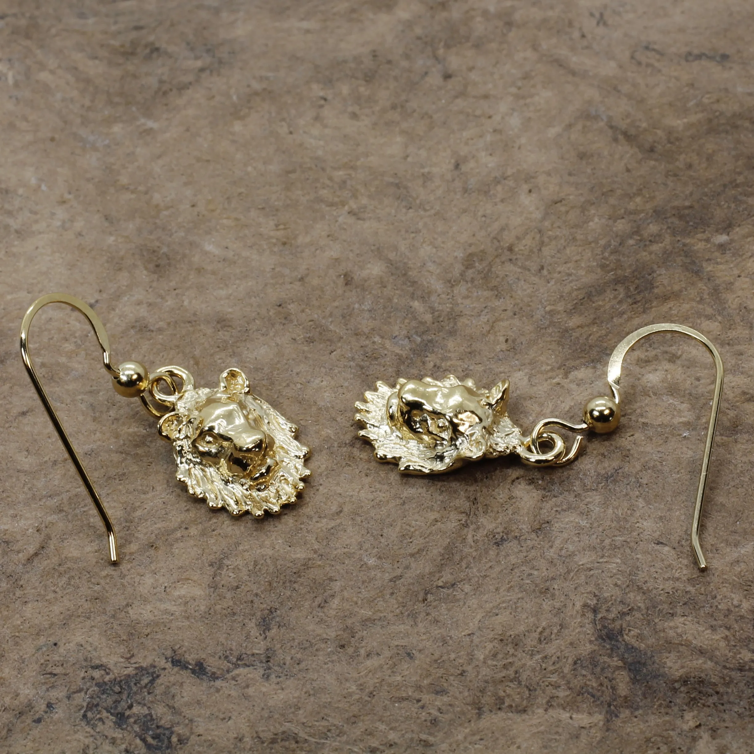 14kt Gold Vermail Lion Heads Dangle Earrings Facing Forward