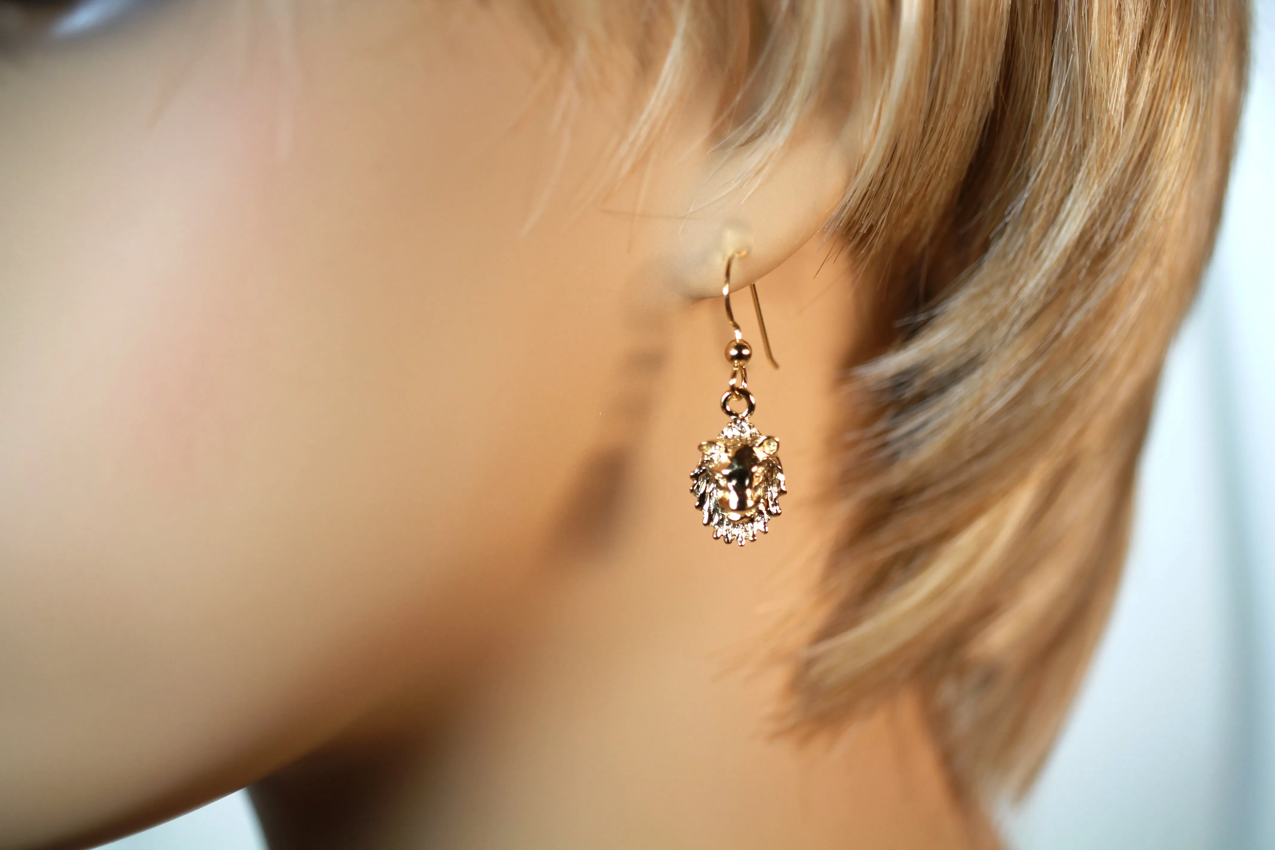14kt Gold Vermail Lion Heads Dangle Earrings Facing Forward
