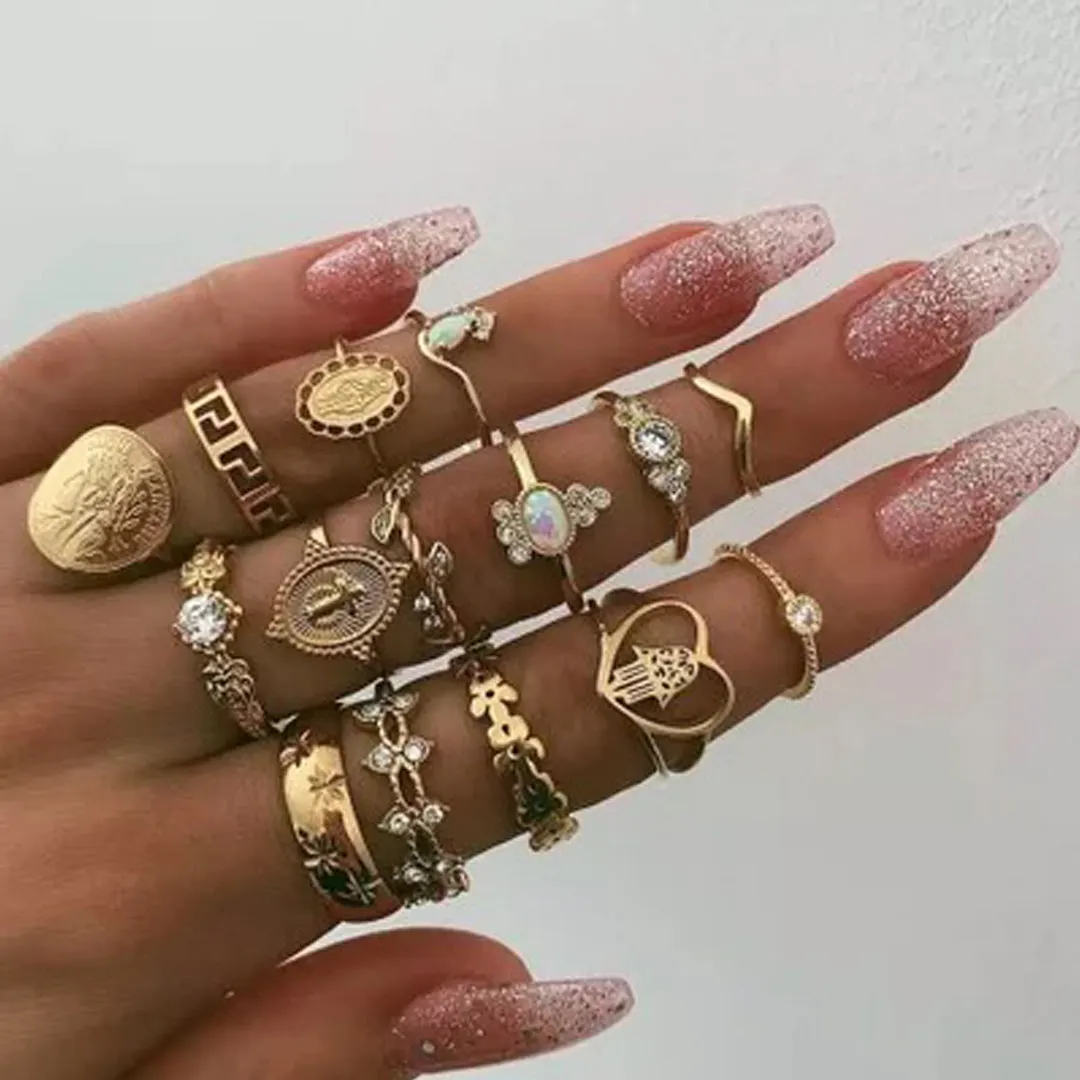 15 Piece Vintage Coin Cross Good Luck Ring Set