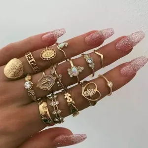 15 Piece Vintage Coin Cross Good Luck Ring Set