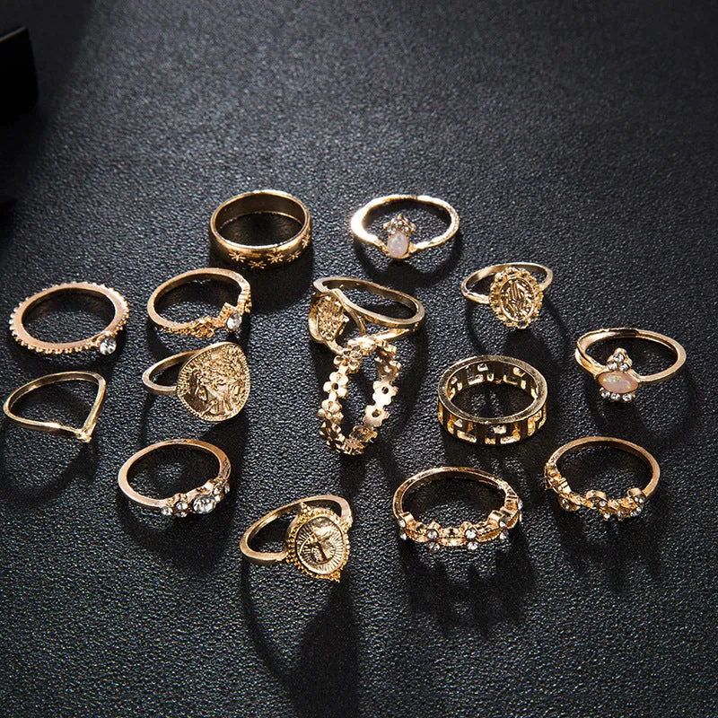 15 Piece Vintage Coin Cross Good Luck Ring Set