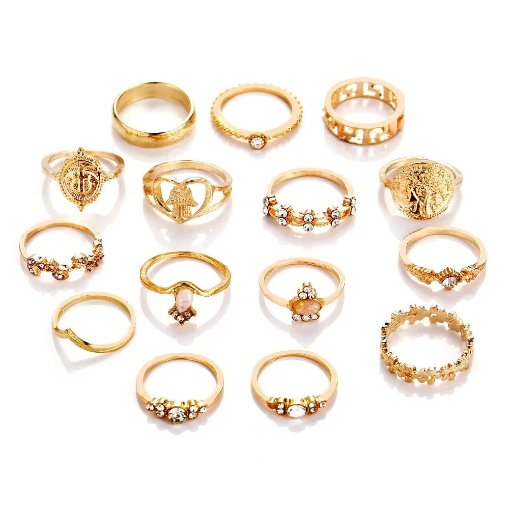15 Piece Vintage Coin Cross Good Luck Ring Set