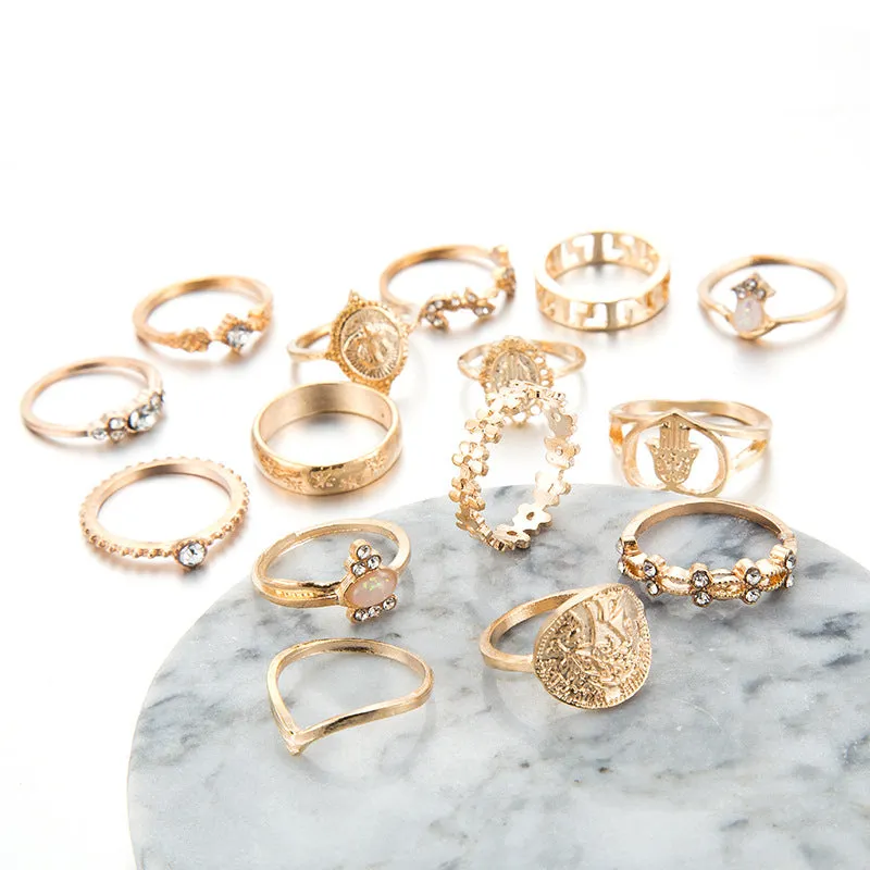 15 Piece Vintage Coin Cross Good Luck Ring Set