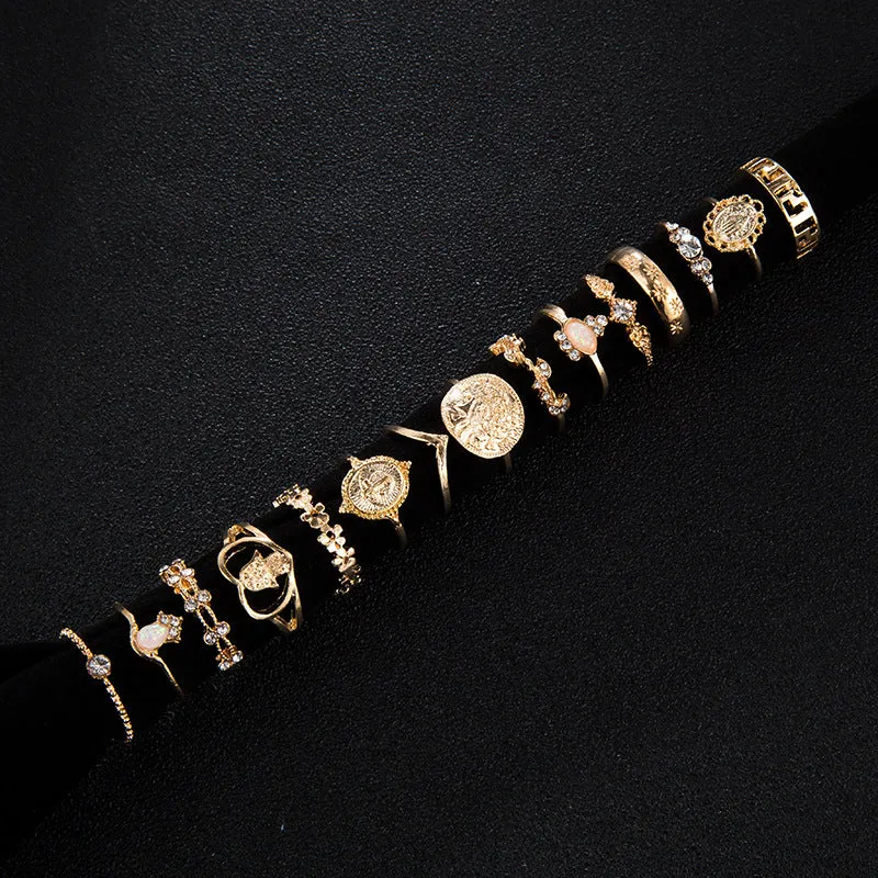 15 Piece Vintage Coin Cross Good Luck Ring Set