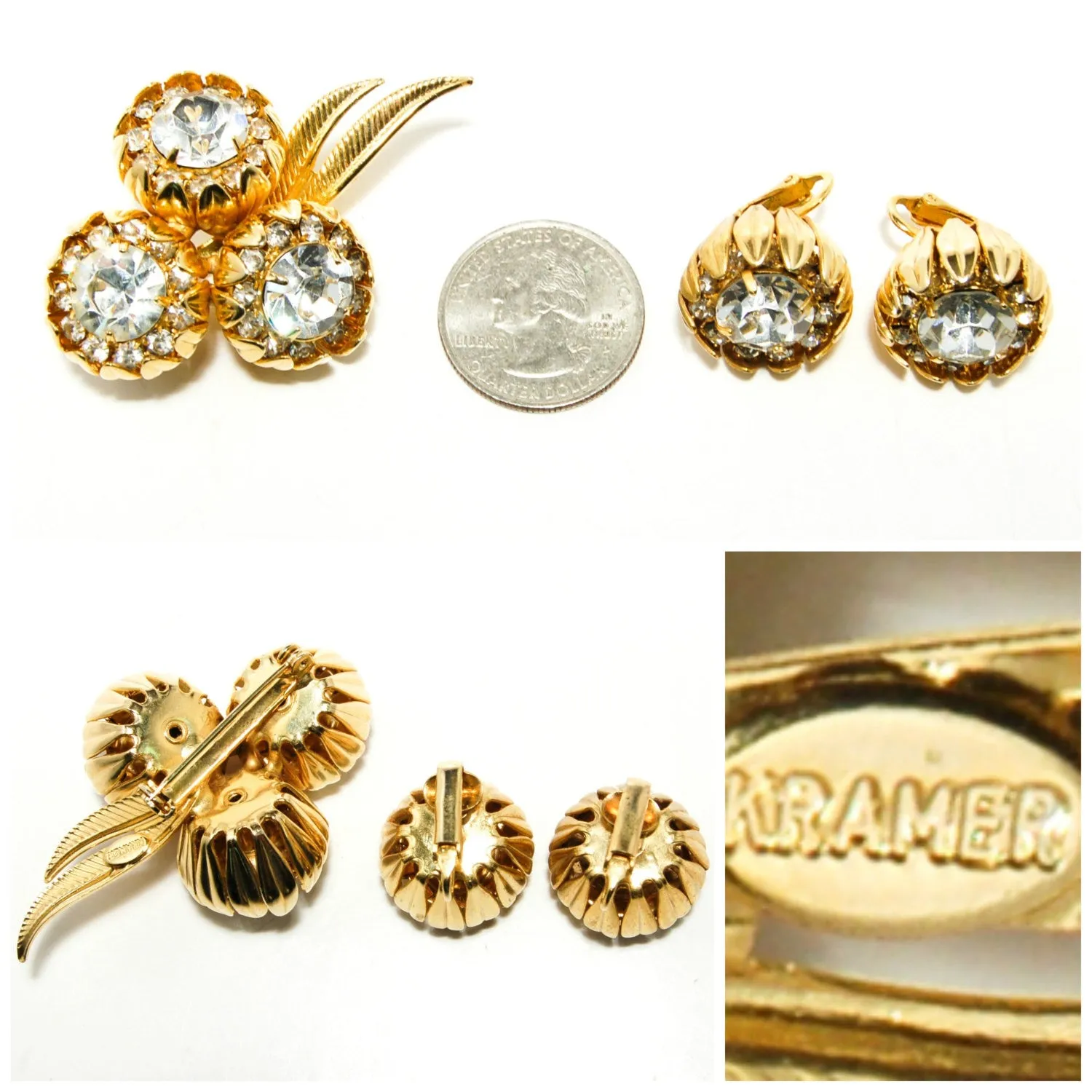1950s Floral Rhinestone Brooch and Earrings Set by Kramer