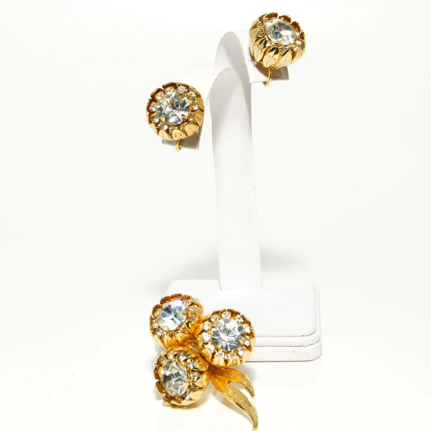 1950s Floral Rhinestone Brooch and Earrings Set by Kramer