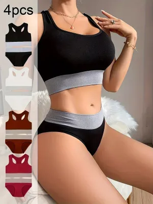 4 Sets Women's Sporty Color Block Seamless Racer Back Tank Bra & Panties - Fitness, Yoga, Everyday Wear