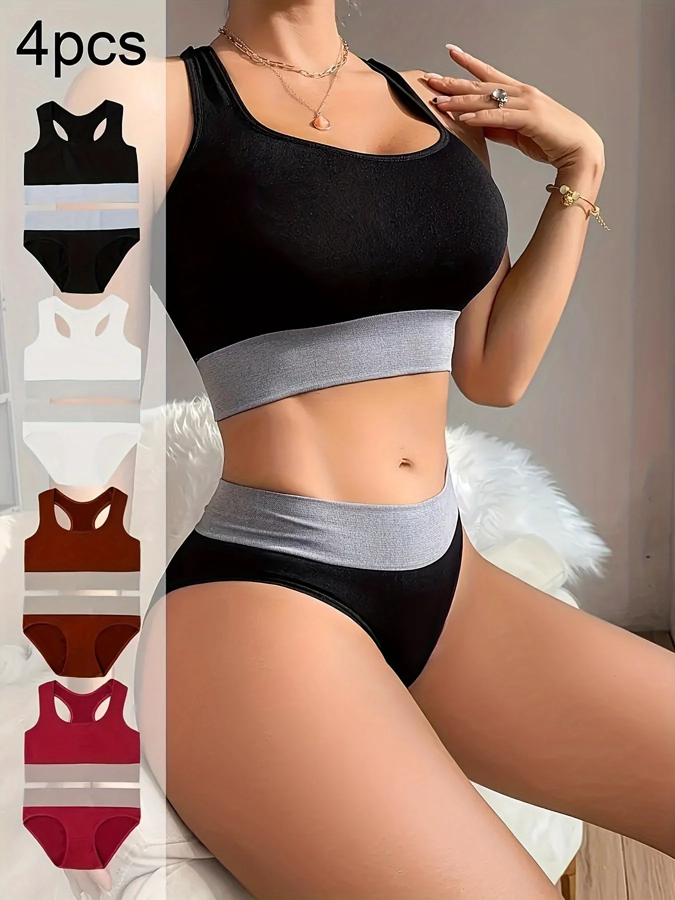 4 Sets Women's Sporty Color Block Seamless Racer Back Tank Bra & Panties - Fitness, Yoga, Everyday Wear
