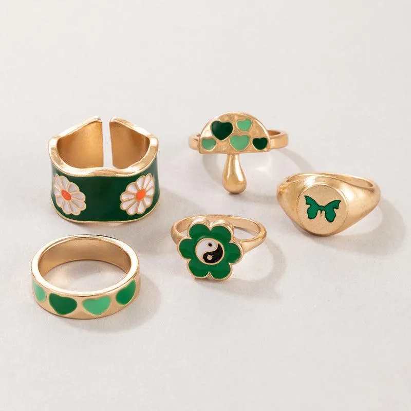 5 Pcs Green Flower Heart Butterfly Mushroom Ring Set