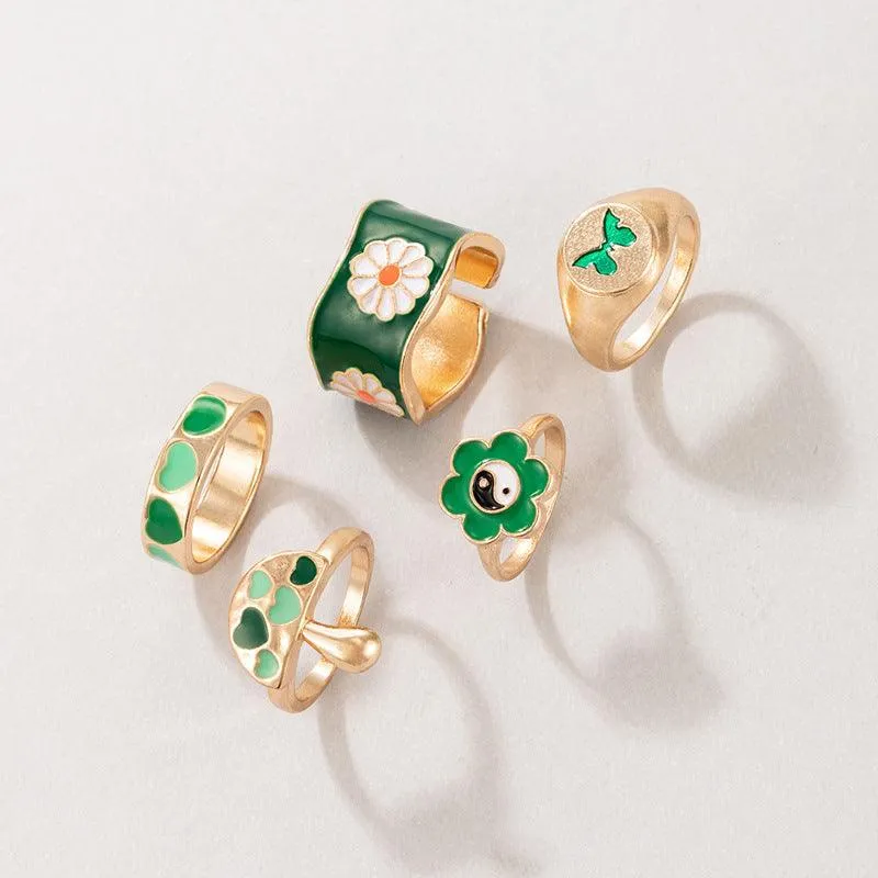 5 Pcs Green Flower Heart Butterfly Mushroom Ring Set