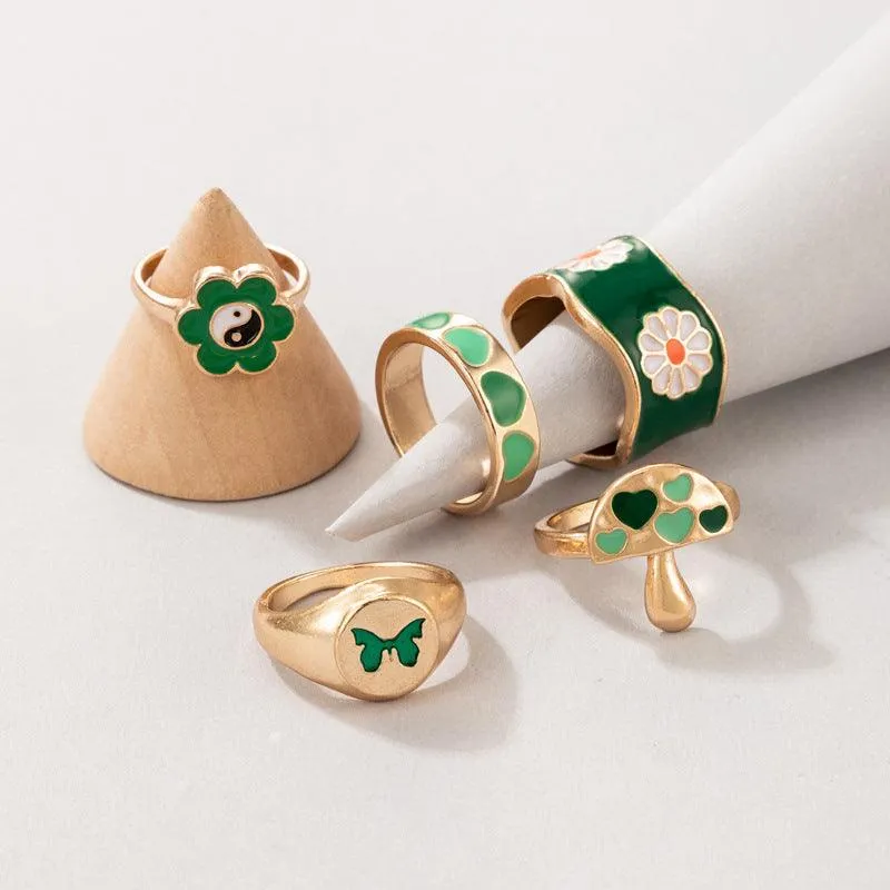 5 Pcs Green Flower Heart Butterfly Mushroom Ring Set