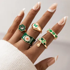 5 Pcs Green Flower Heart Butterfly Mushroom Ring Set