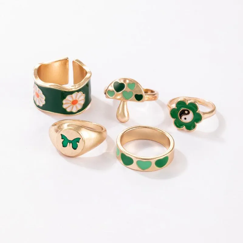 5 Pcs Green Flower Heart Butterfly Mushroom Ring Set