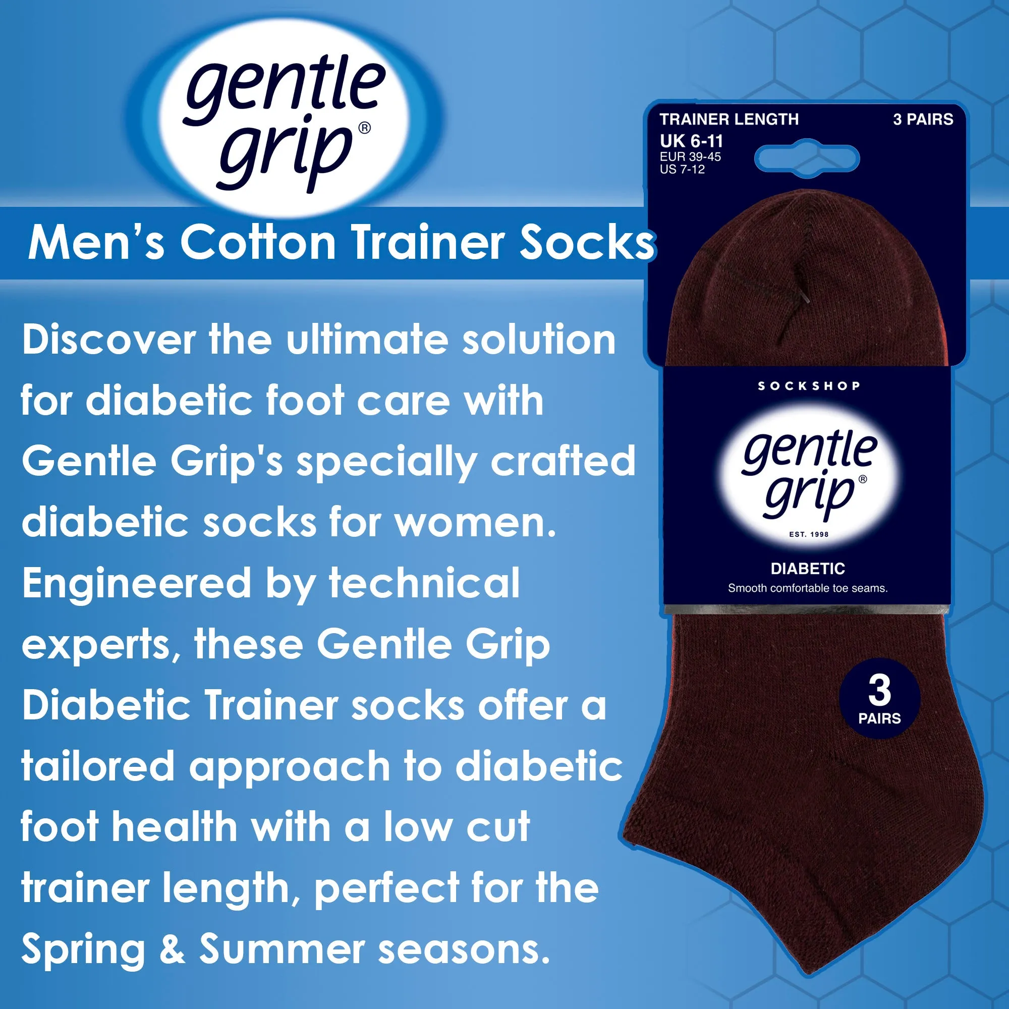 6 Pack Mens Diabetic Trainer Socks | Loose Top Wide Ankle Socks