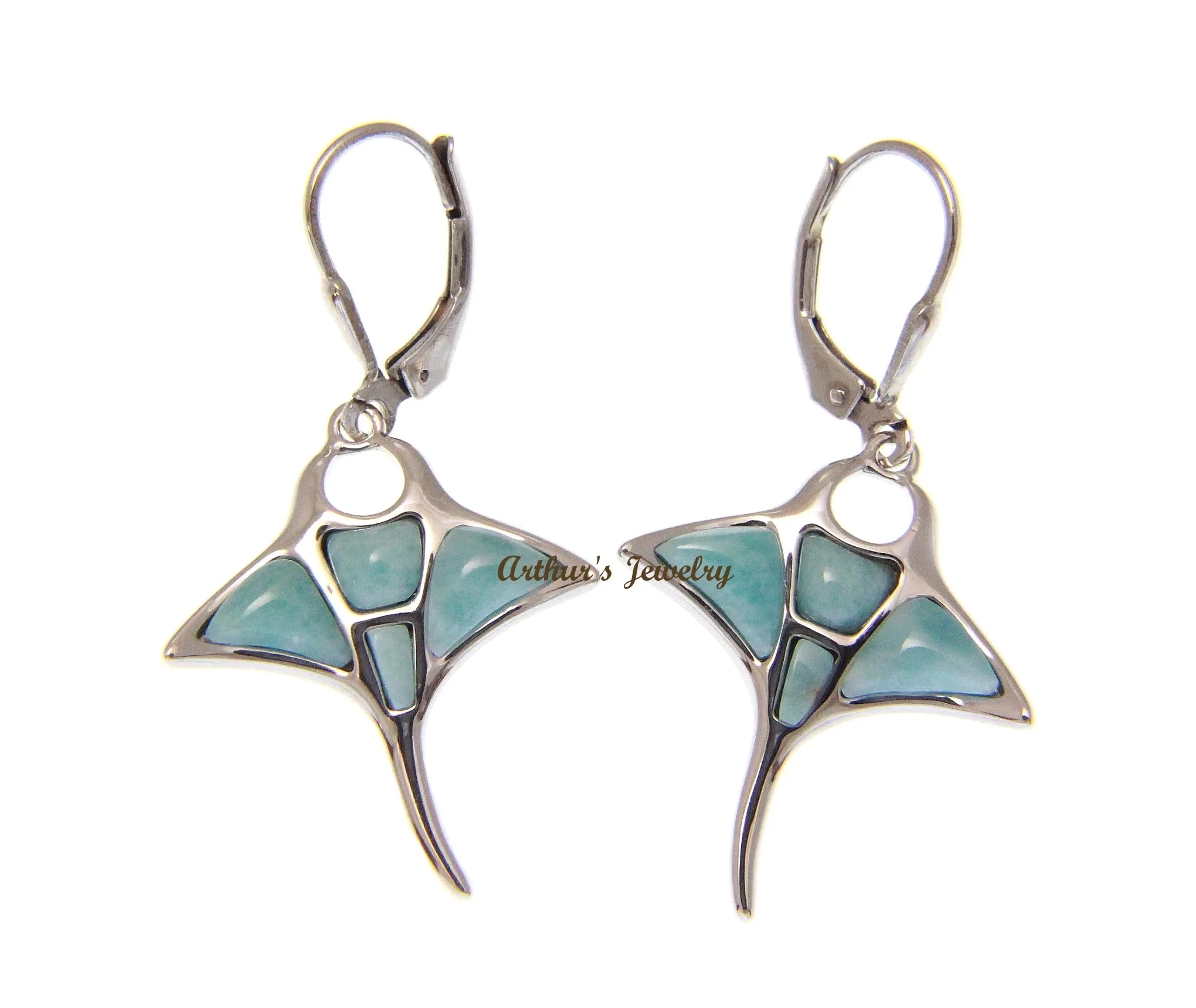 925 STERLING SILVER HEAVY GENUINE NATURAL LARIMAR HAWAIIAN MANTA RAY LEVERBACK EARRINGS