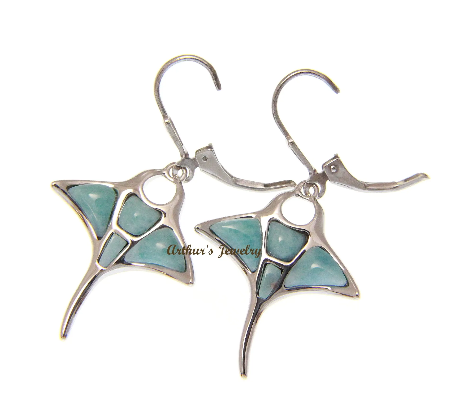 925 STERLING SILVER HEAVY GENUINE NATURAL LARIMAR HAWAIIAN MANTA RAY LEVERBACK EARRINGS