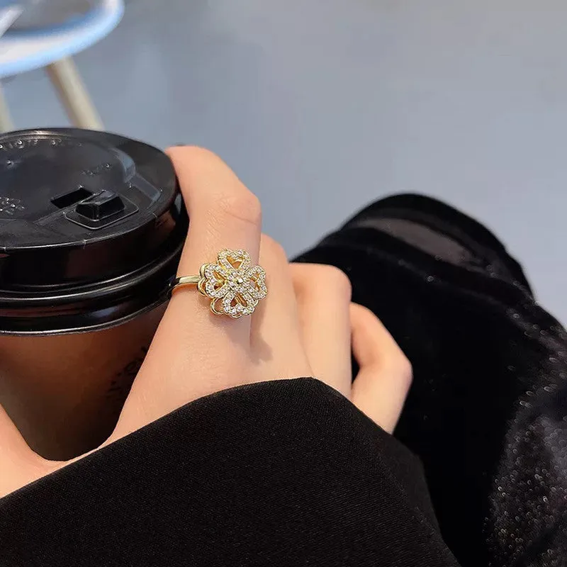 Adjustable Four Leaf Clover Rotating Ring