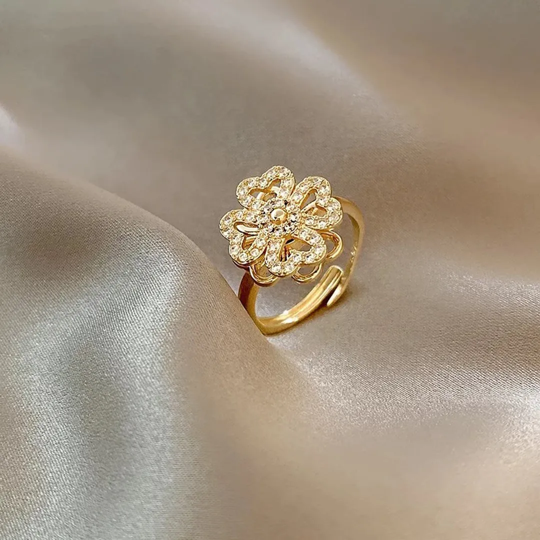 Adjustable Four Leaf Clover Rotating Ring