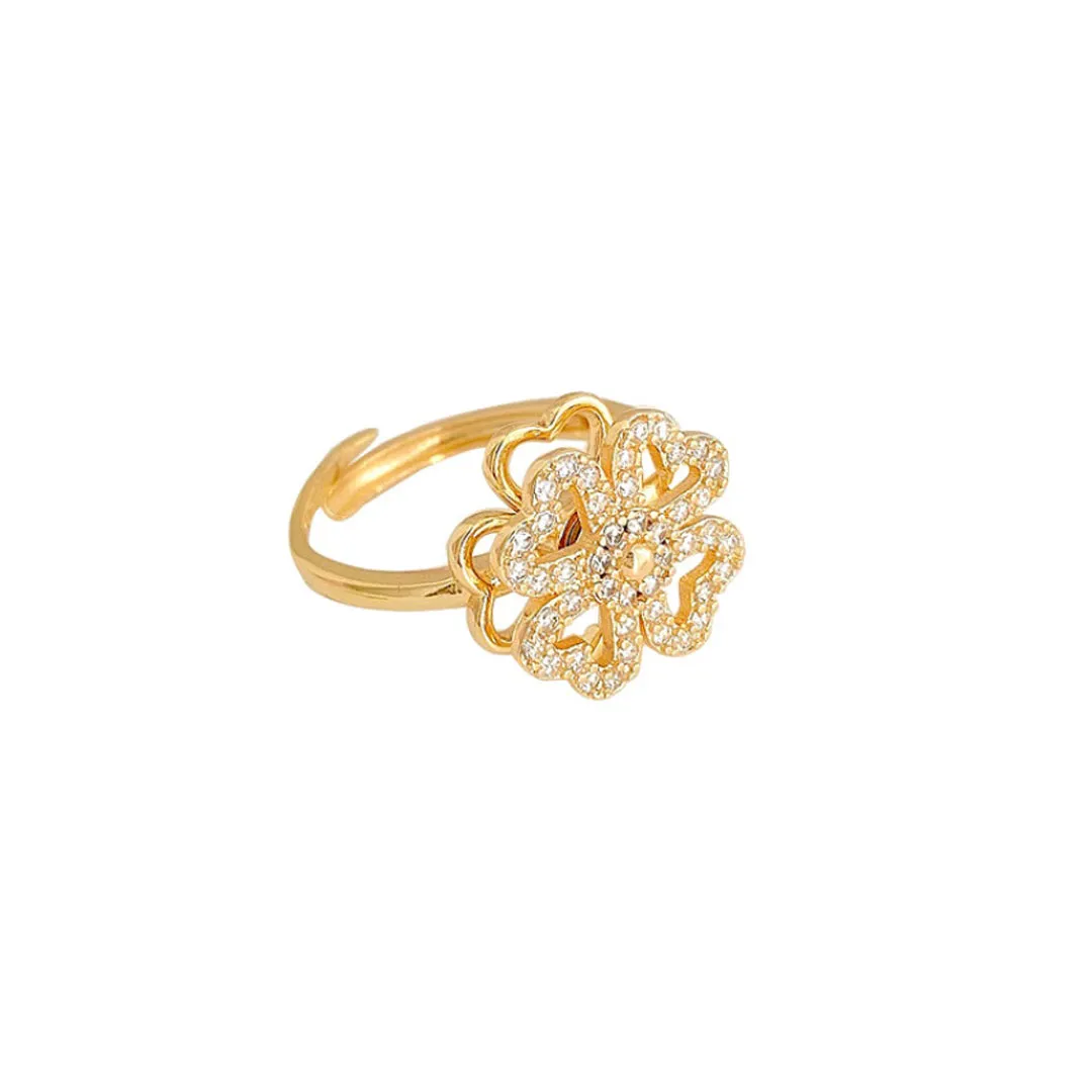 Adjustable Four Leaf Clover Rotating Ring