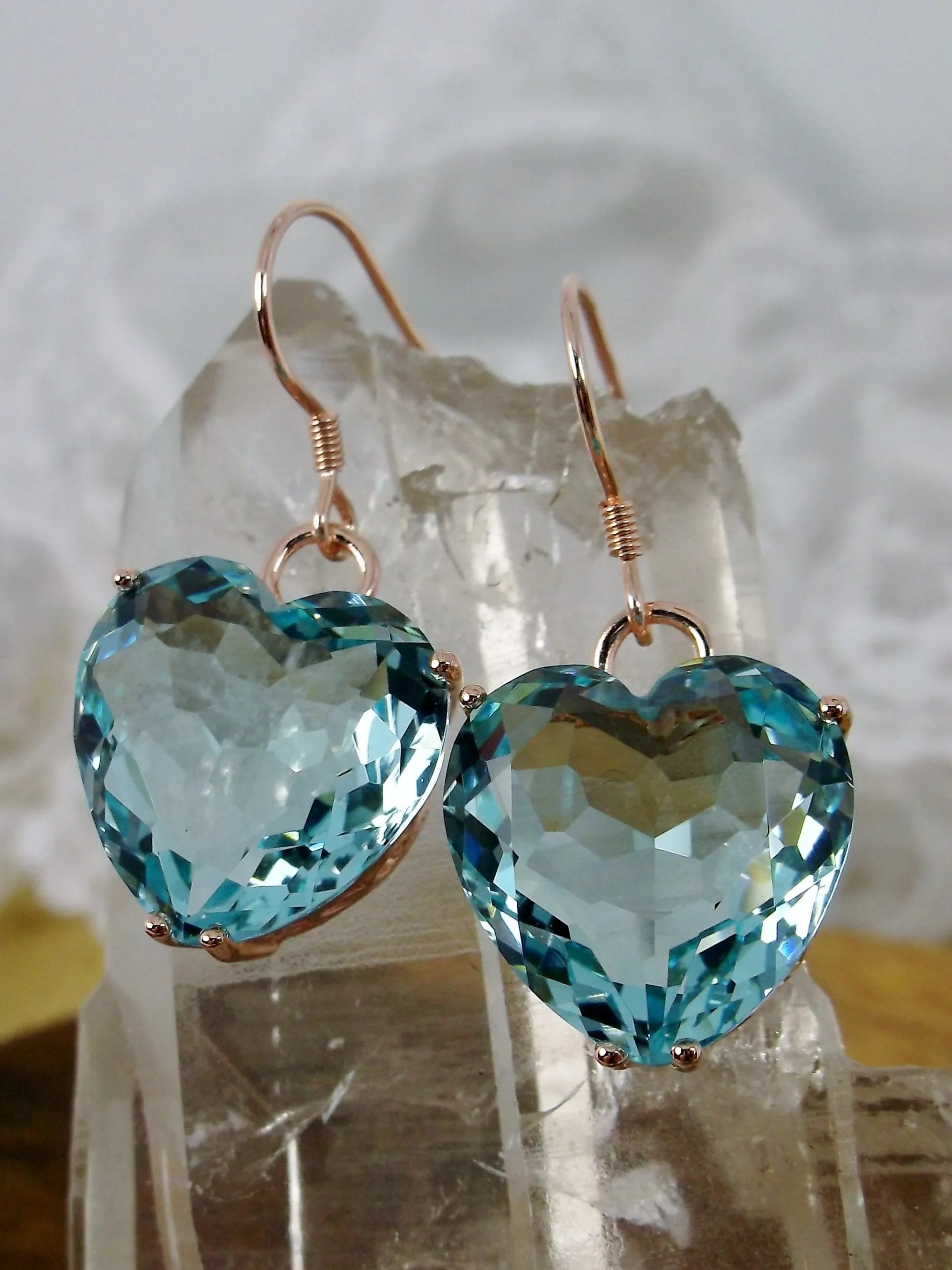 Aquamarine Earrings, Heart Gem, Rose Gold Art Nouveau Jewelry #E38
