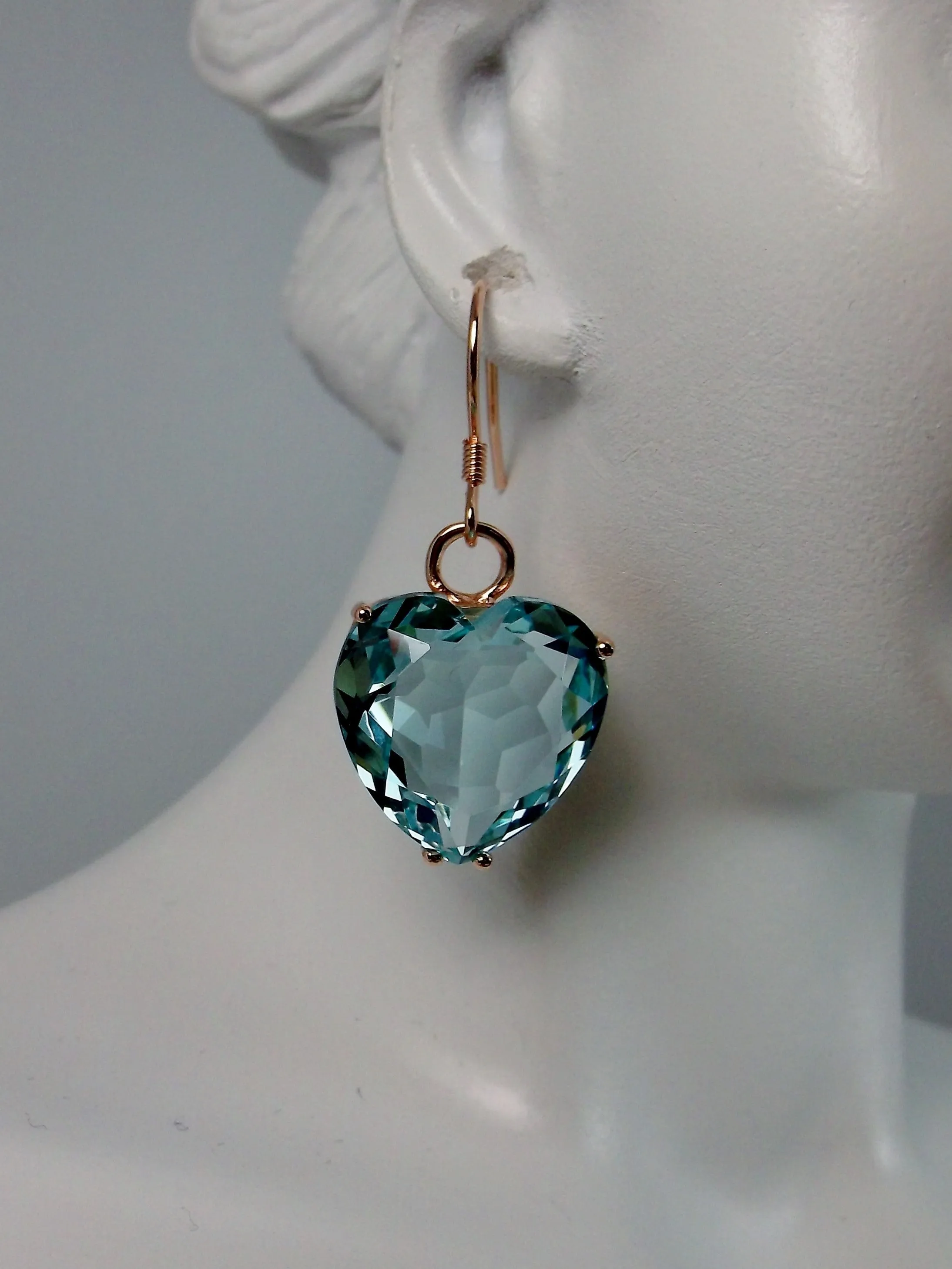 Aquamarine Earrings, Heart Gem, Rose Gold Art Nouveau Jewelry #E38