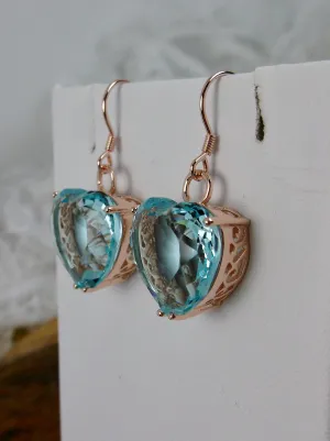Aquamarine Earrings, Heart Gem, Rose Gold Art Nouveau Jewelry #E38