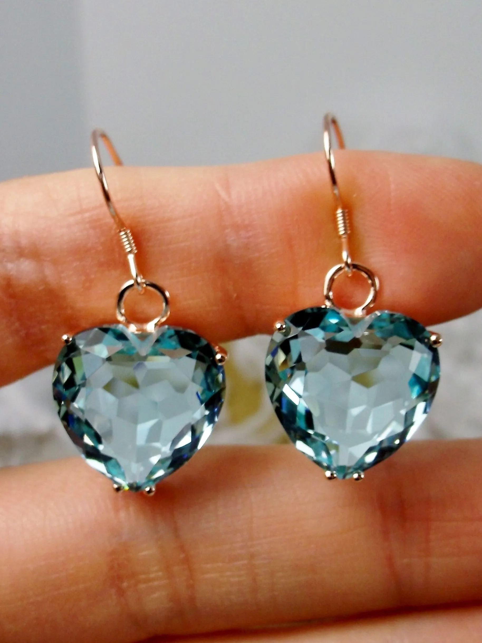 Aquamarine Earrings, Heart Gem, Rose Gold Art Nouveau Jewelry #E38