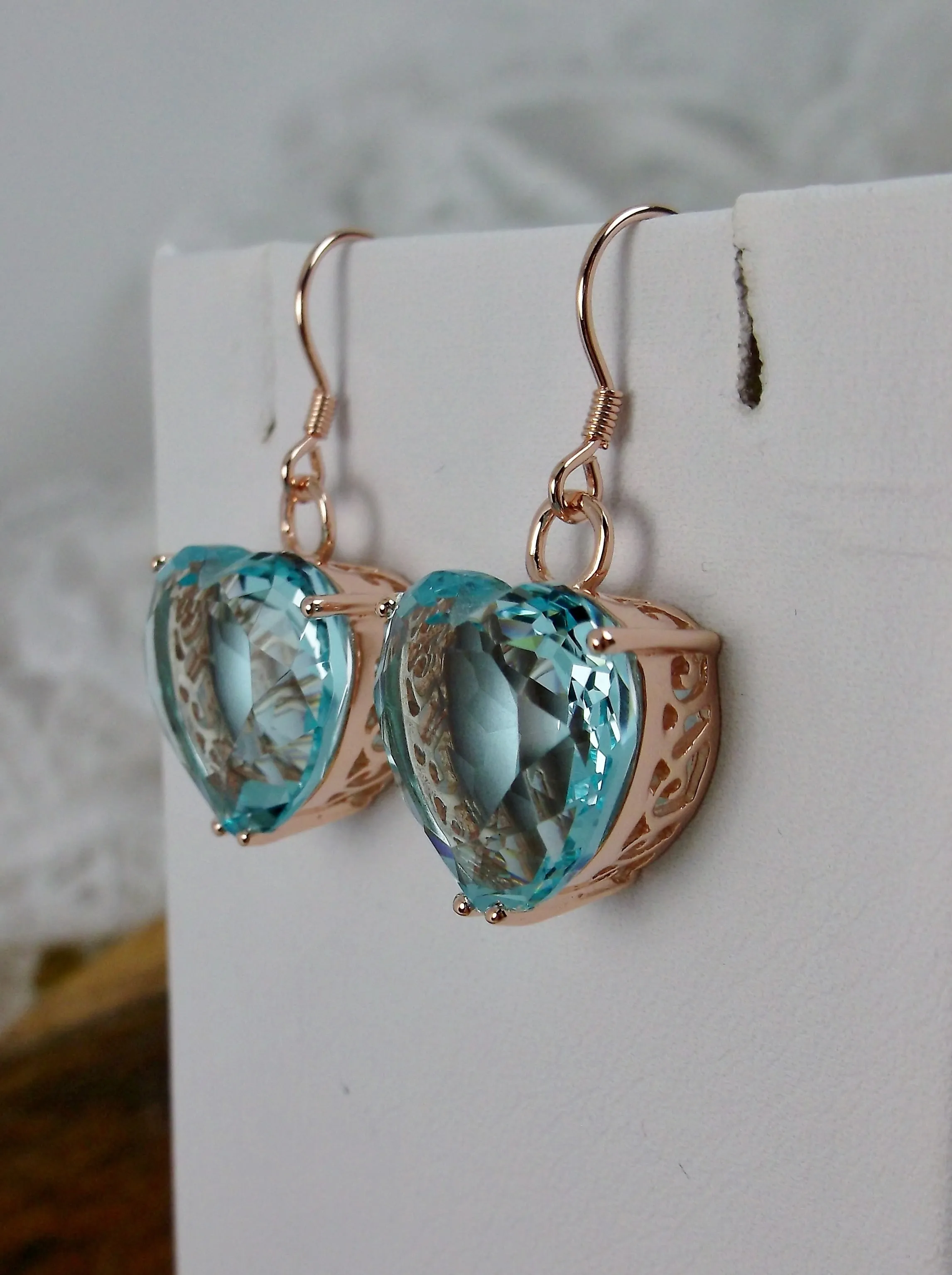 Aquamarine Earrings, Heart Gem, Rose Gold Art Nouveau Jewelry #E38