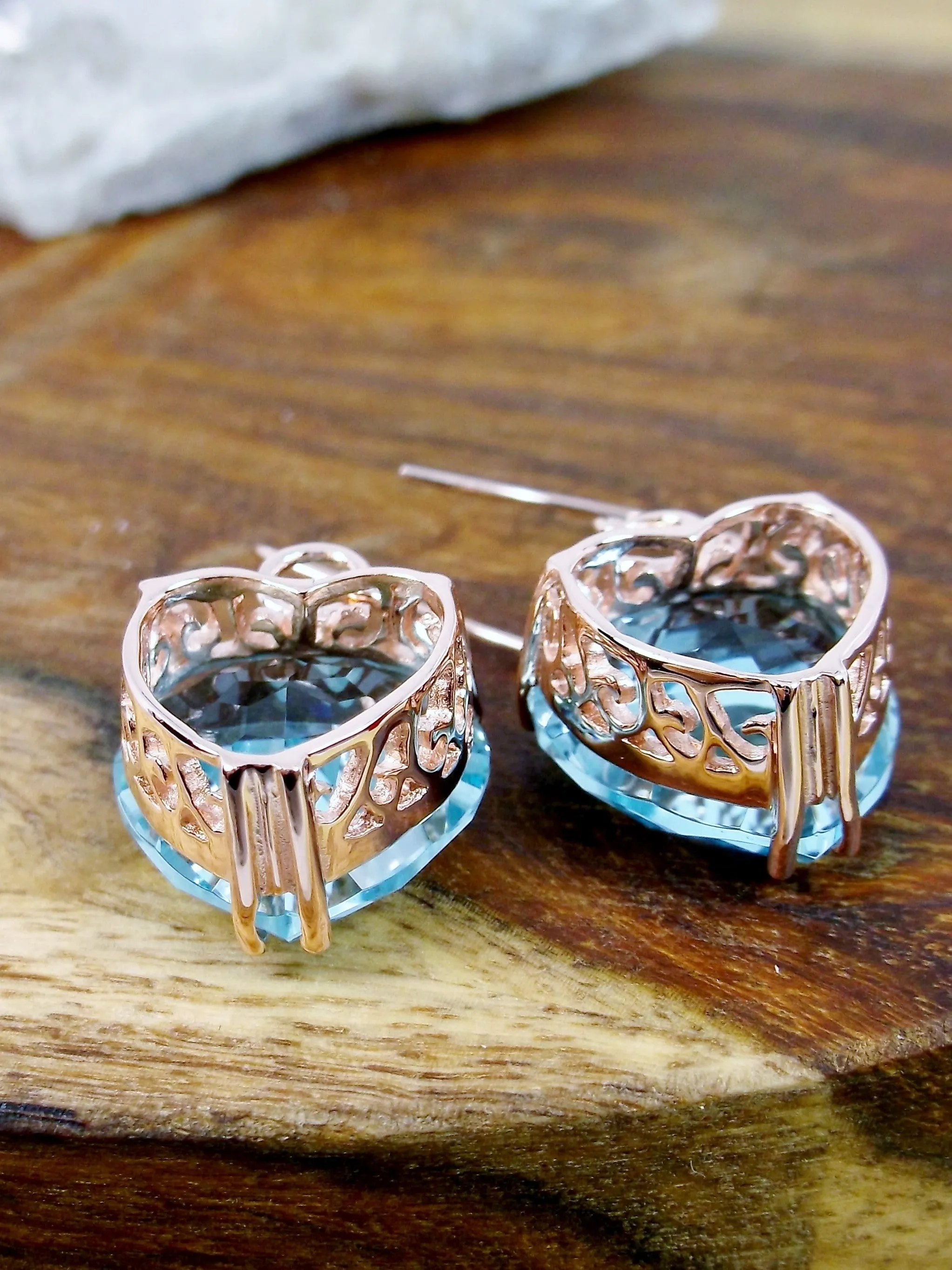 Aquamarine Earrings, Heart Gem, Rose Gold Art Nouveau Jewelry #E38