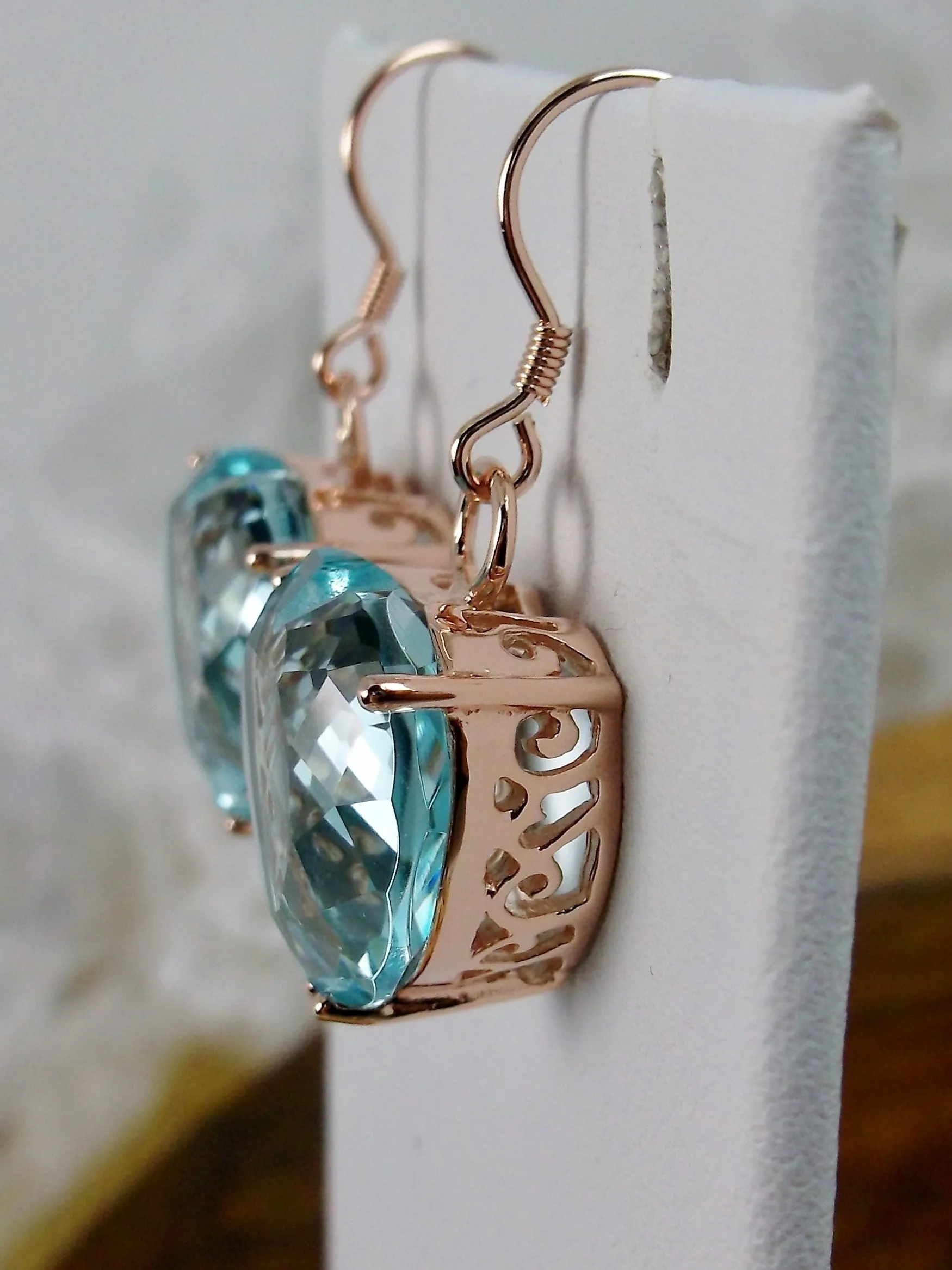 Aquamarine Earrings, Heart Gem, Rose Gold Art Nouveau Jewelry #E38