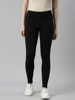 Black Cotton Stretch Side Stripes Active Leggings