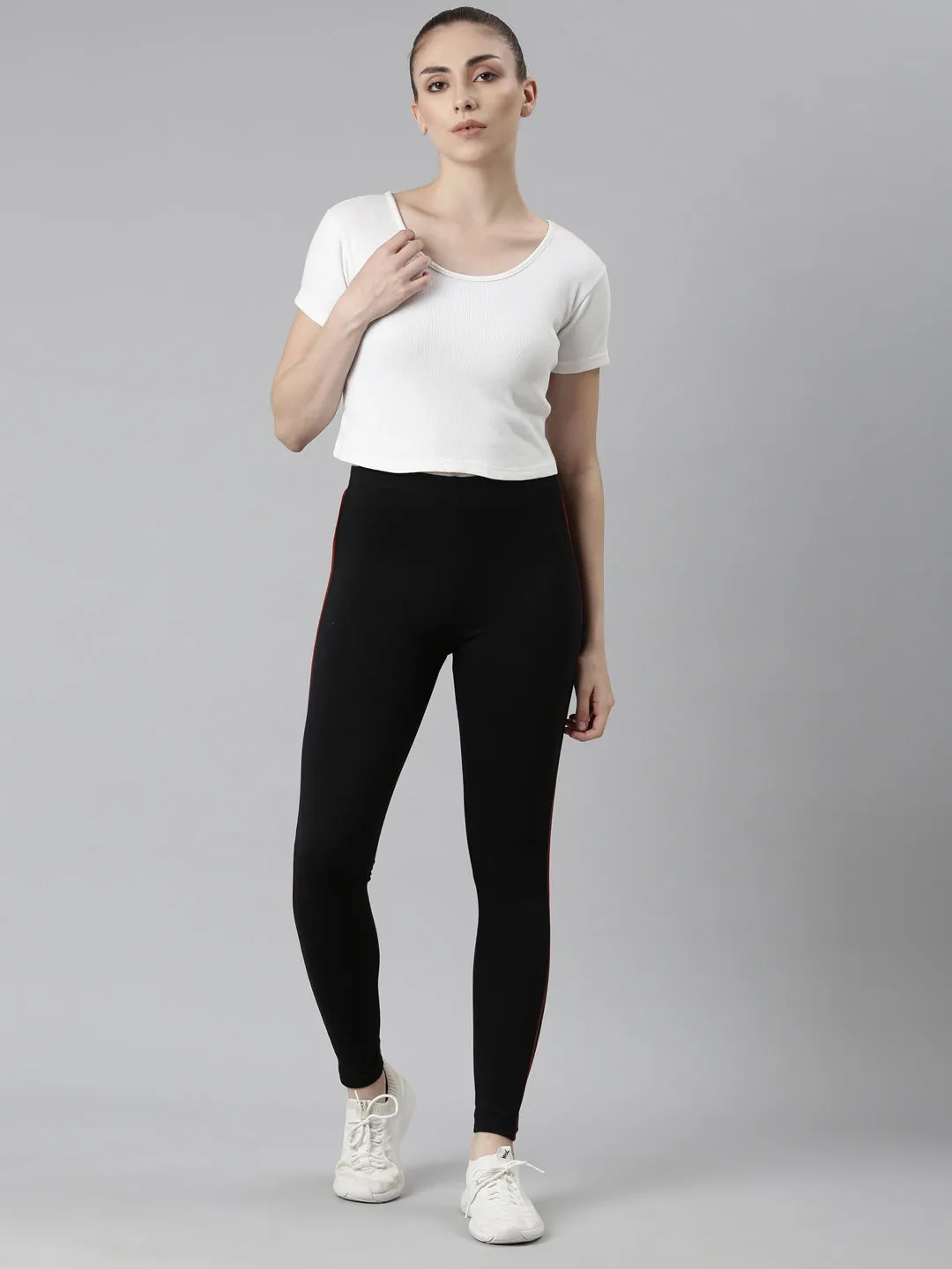 Black Cotton Stretch Side Stripes Active Leggings