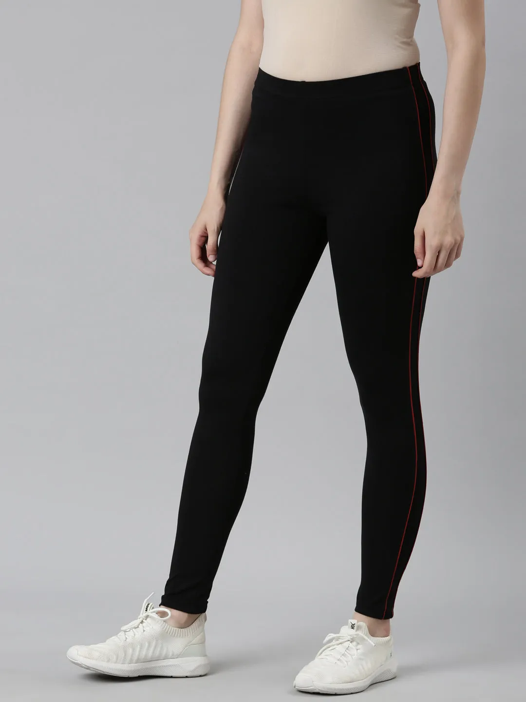 Black Cotton Stretch Side Stripes Active Leggings
