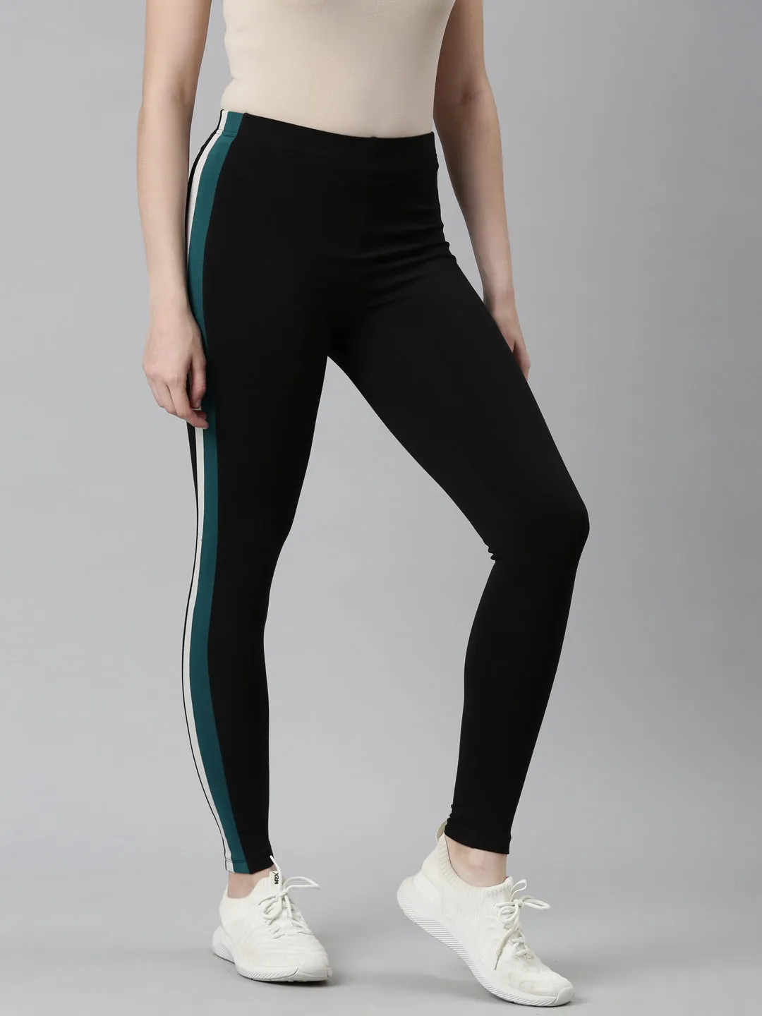 Black Cotton Stretch Side Stripes Active Leggings