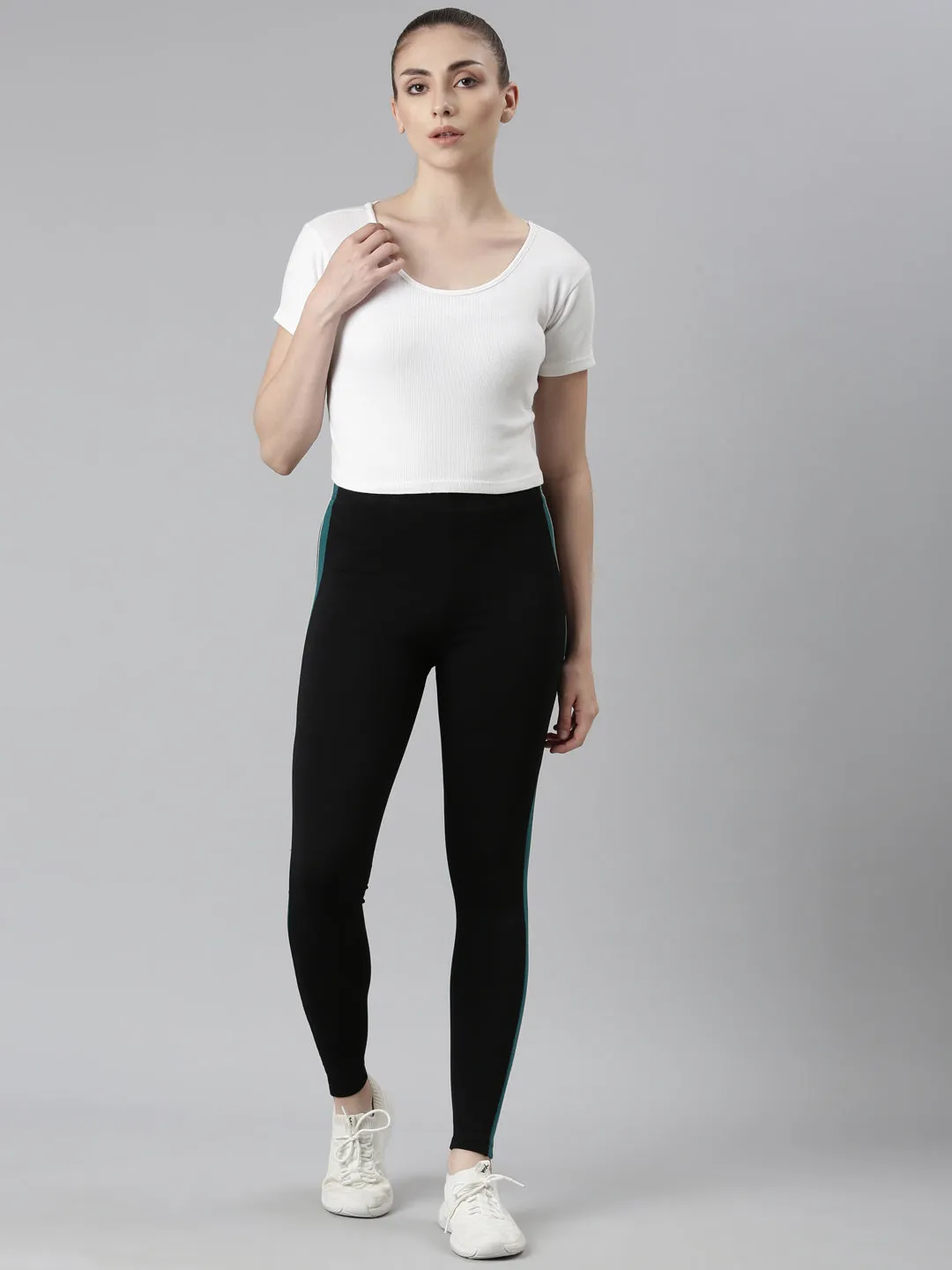 Black Cotton Stretch Side Stripes Active Leggings
