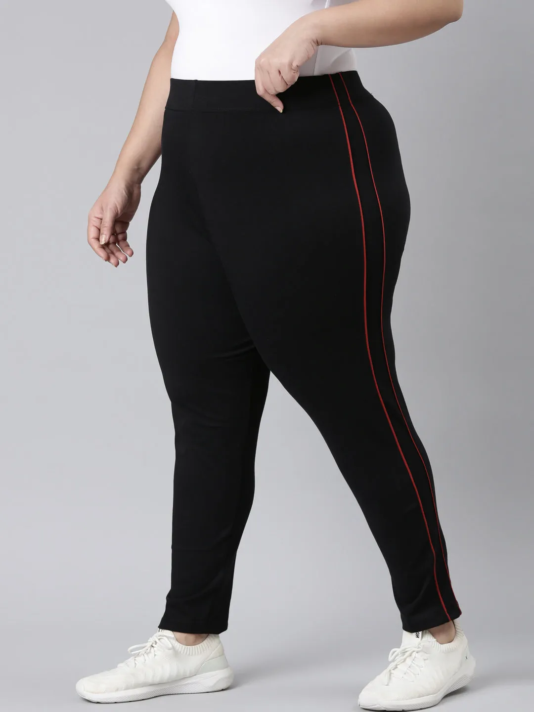 Black Cotton Stretch Side Stripes Active Leggings